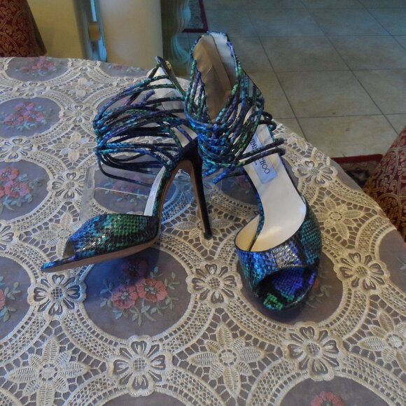 Jimmy Choo Blue Iridescent Multi Snake Print Ankle Strapp Heels Size 40- US 10